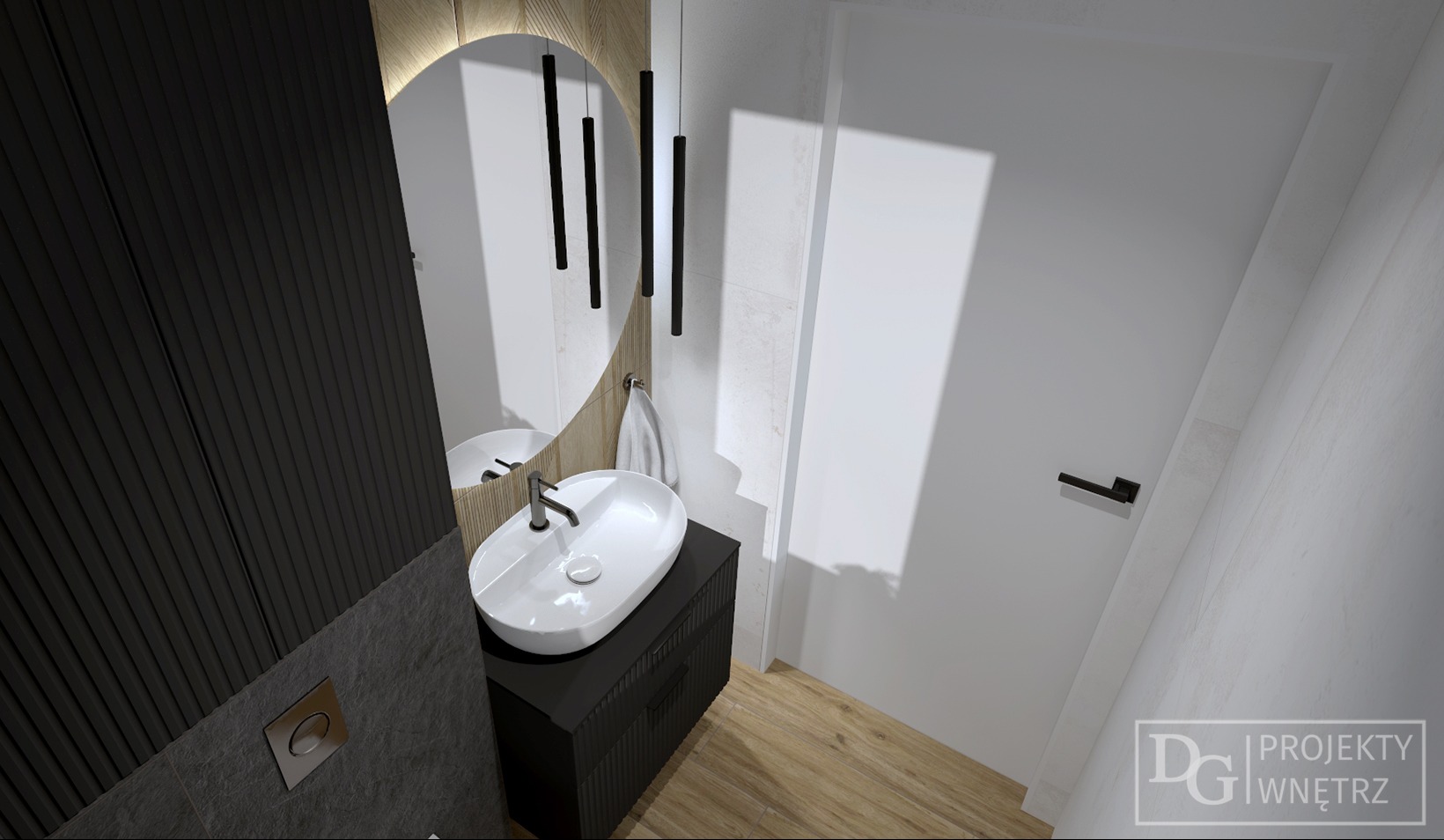 Wizualizacja łazienki: owalne lustro z podświetleniem, umywalka nablatowa na czarnej szafce z ryflowanym frontem, drewniana podłoga, szara ściana i białe drzwi.