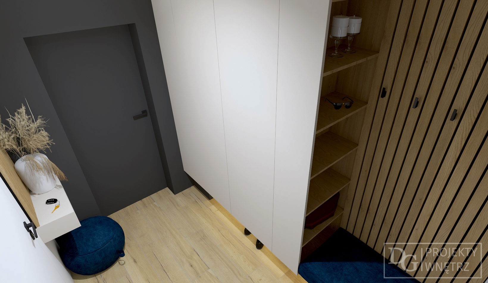 Wnętrze przedpokoju w Nakle Nad Notecią: biała szafa wnękowa, drewniane lamele, szary kolor ścian i niebieski puf. Nowoczesny design, minimalistyczny styl.