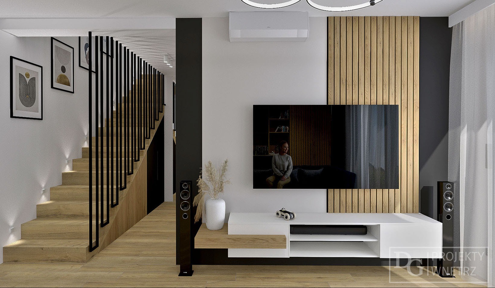 Wizualizacja salonu z drewnianą ścianą, schodami z czarną balustradą i białymi meblami. Na ekranie telewizora widoczna osoba siedząca na kanapie.
