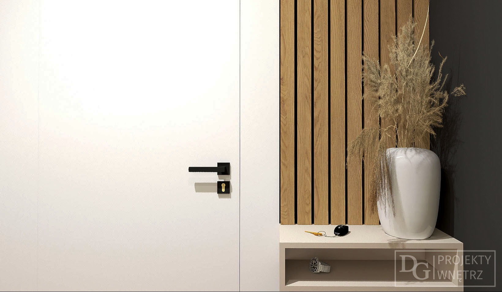 Nowoczesny przedpokój: białe drzwi z czarną klamką, drewniana lamela ścienna, dekoracyjny wazon z trawami na beżowej półce. Minimalistyczny design, zegarek na półce.