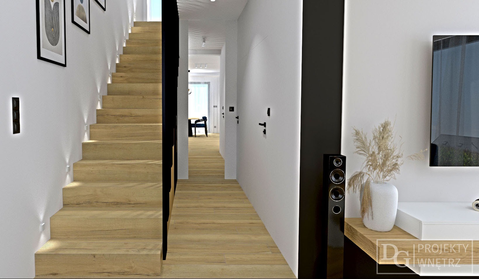 Korytarz z drewnianymi schodami i podłogą, oświetlony punktowo. Białe ściany z czarnymi akcentami, minimalistyczny wystrój, w tle widoczny fragment salonu.