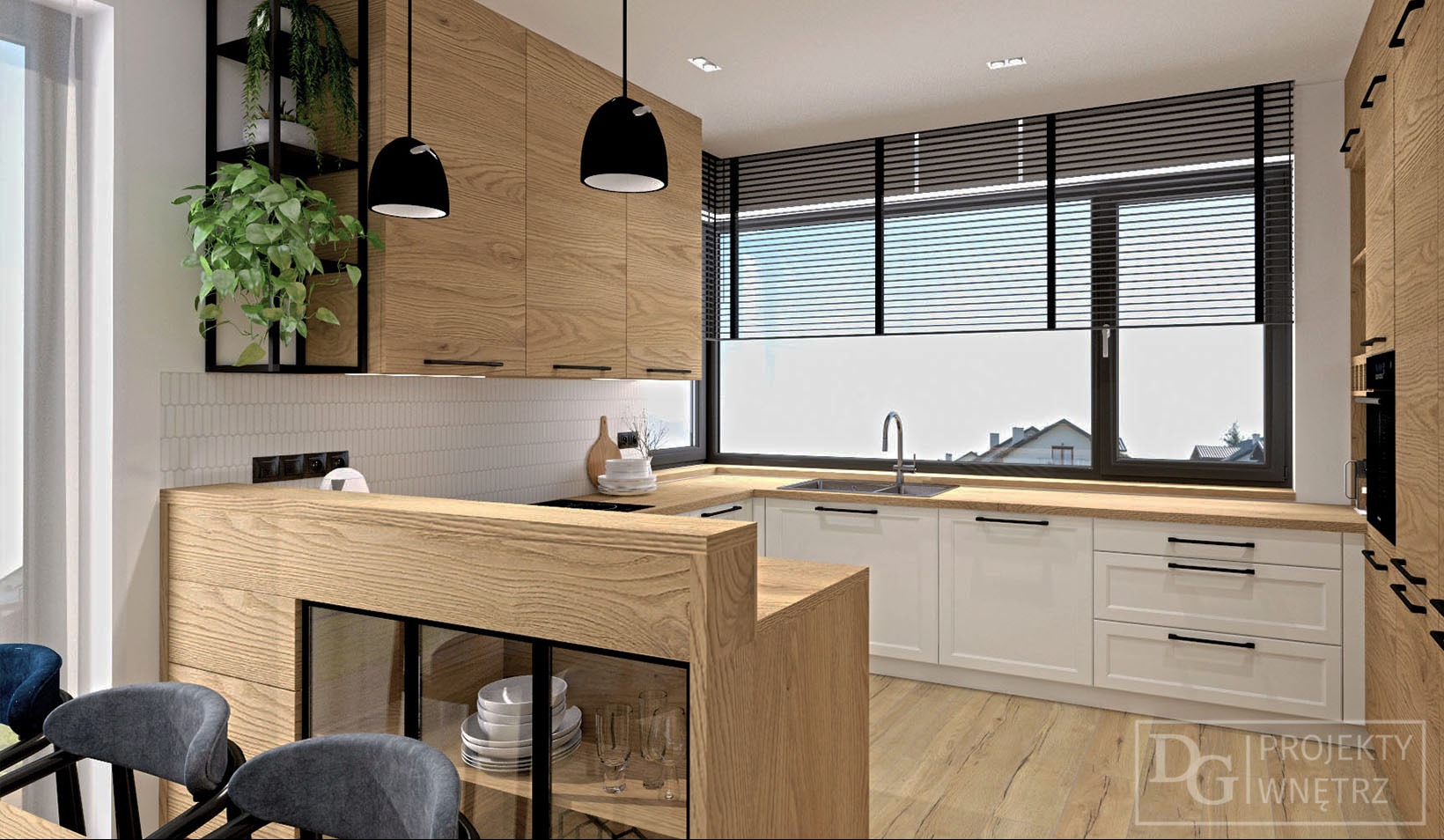 Wizualizacja kuchni z drewnianymi szafkami i białymi frontami. Czarne lampy wiszące i rolety. Rośliny w tle dodają naturalnego akcentu. Ustawione naczynia za szklaną ścianą.
