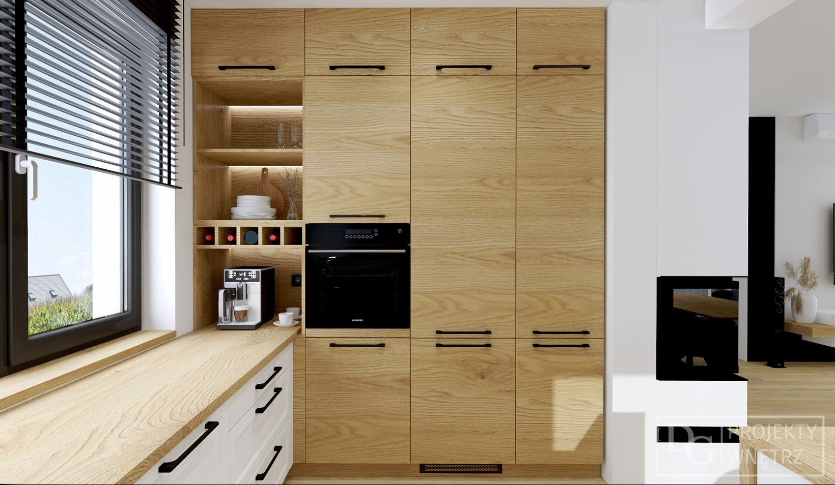 Jasna, drewniana zabudowa kuchenna z czarnymi uchwytami i piekarnikiem. Po lewej okno z żaluzjami, obok półki z oświetleniem i ekspresem do kawy. Minimalistyczny design.
