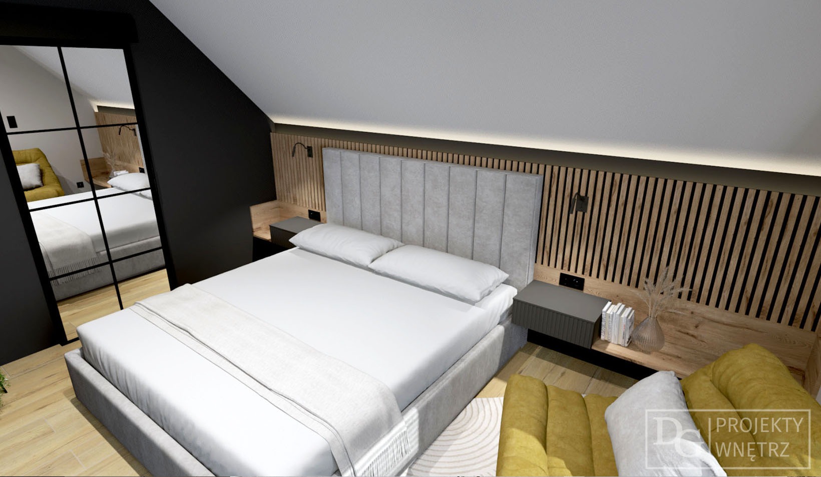 Nowoczesna sypialnia na poddaszu z łóżkiem, drewnianą ścianą z lameli, szarą tapicerowaną ścianą i lustrem w czarnej ramie. Widok z góry na stylowe wnętrze.