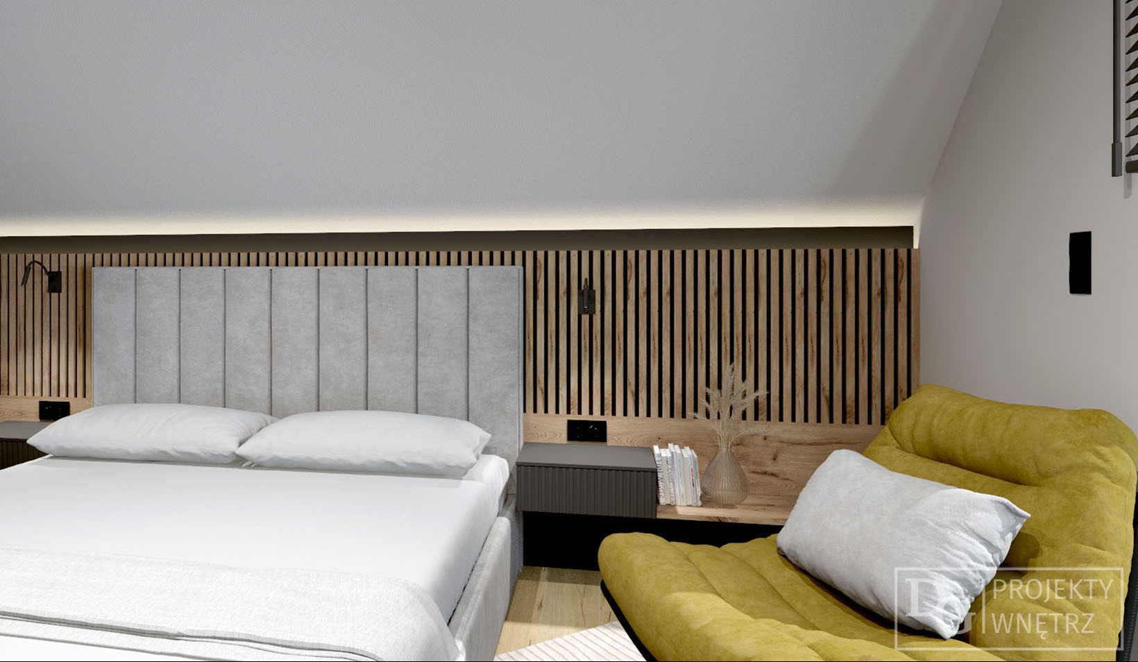 Nowoczesna sypialnia z łóżkiem, drewnianym panelem ściennym i żółtym fotelem. Minimalistyczny design, stonowana kolorystyka, oświetlenie LED.