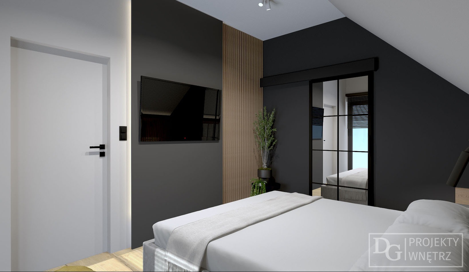 Nowoczesna sypialnia na poddaszu z TV na ścianie, drewnianymi panelami i minimalistycznym łóżkiem. Widoczne drzwi przesuwne z czarnymi szprosami.