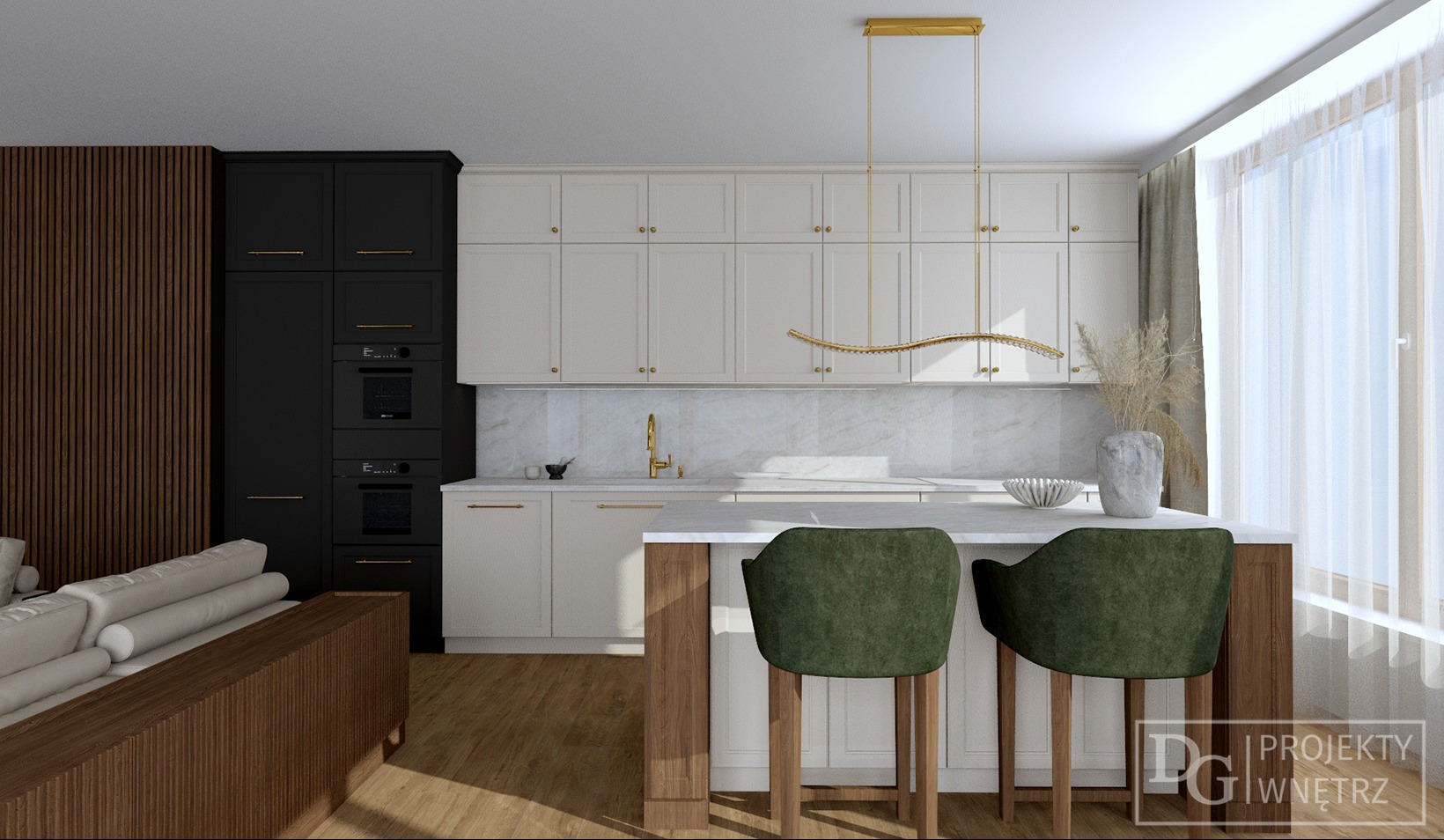 Wizualizacja nowoczesnej kuchni z wyspą, zielonymi hokerami i złotymi akcentami. Widoczne białe i czarne szafki, drewniane panele i jasne światło wpadające przez okno.