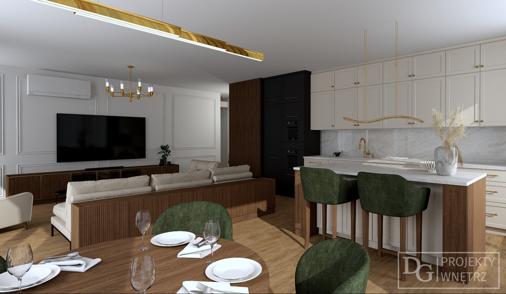 Wizualizacja wnętrza: salon z aneksem kuchennym. Drewniany stół jadalny, zielone krzesła, sofa z lamelami, czarno-biała zabudowa kuchenna, złote akcenty oświetleniowe.