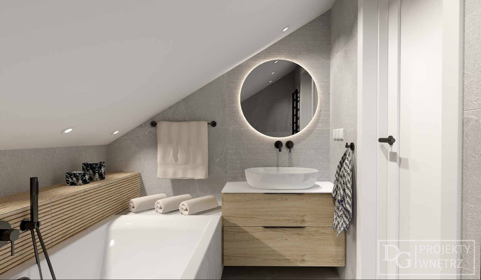 Nowoczesna łazienka na poddaszu z okrągłym lustrem z podświetleniem LED, białą umywalką nablatową i drewnianą szafką, utrzymana w szaro-białej kolorystyce.