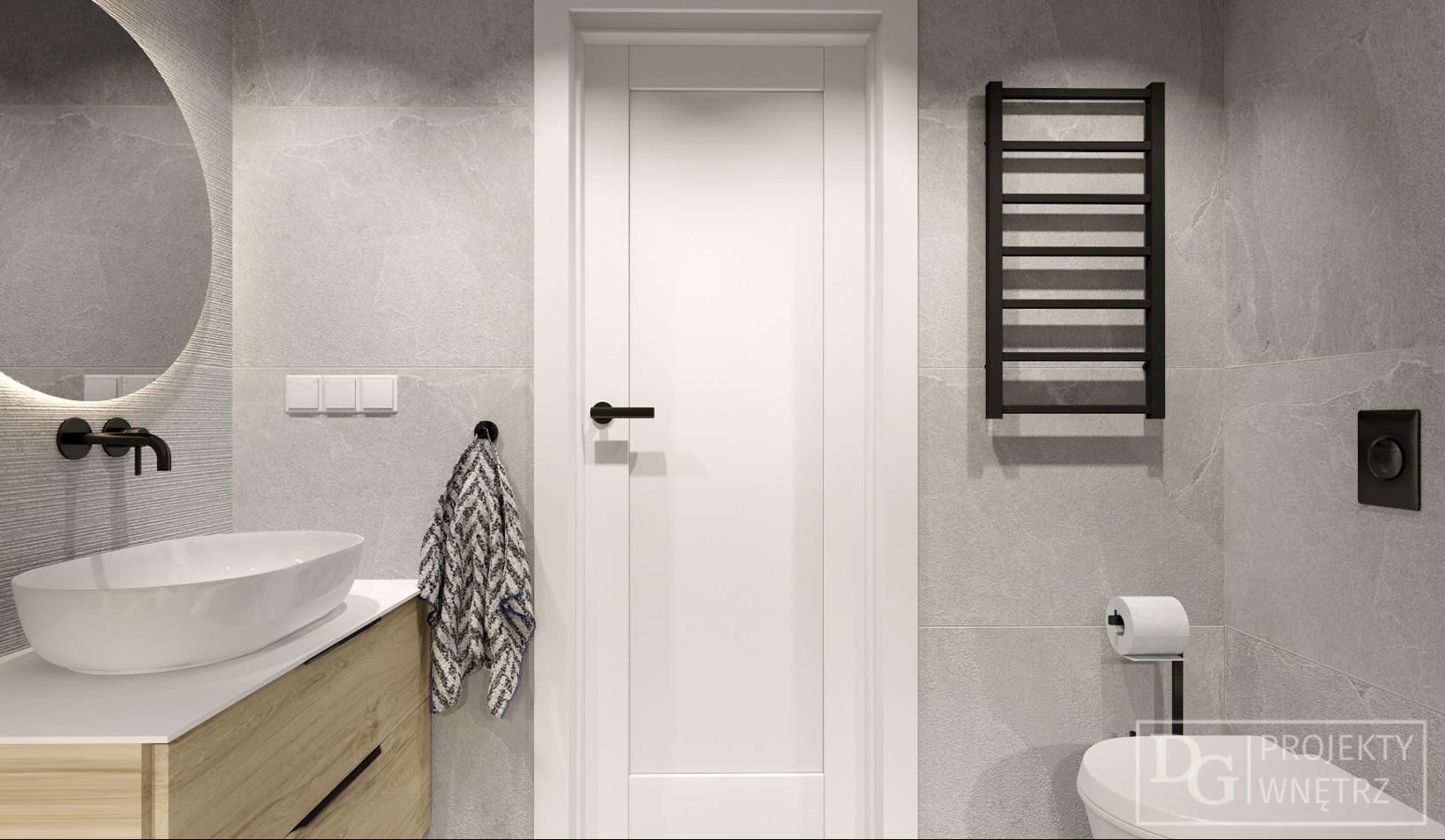 Nowoczesna łazienka w szarościach: owalne lustro z podświetleniem LED, biała umywalka nablatowa na drewnianej szafce, białe drzwi i czarny grzejnik drabinkowy.