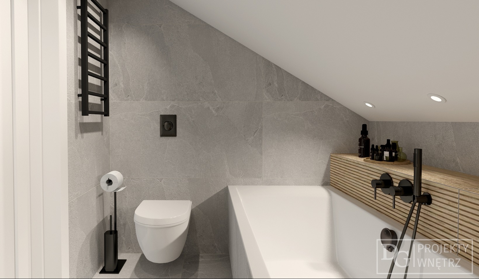 Nowoczesna łazienka na poddaszu z szarymi płytkami, czarnymi akcentami i drewnianą zabudową wanny. Minimalistyczny design, oświetlenie punktowe.