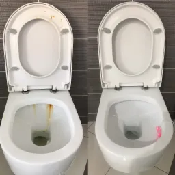 Porównanie toalety przed i po czyszczeniu: po lewej zabrudzona muszla z widocznymi zaciekami i osadami, po prawej lśniąca czystością, z różowym środkiem czyszczącym wewnątrz.