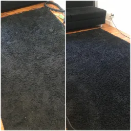 Porównanie czarnego dywanu shaggy przed i po czyszczeniu: po lewej stronie widoczne zabrudzenia, po prawej - czysty, odświeżony dywan. W tle fragment sofy i odkurzacz.