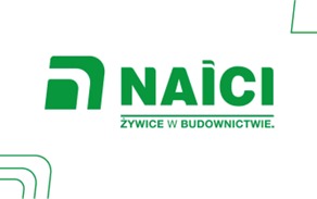 Zielone logo firmy NAICI z hasłem 'ŻYWICE W BUDOWNICTWIE' na białym tle.