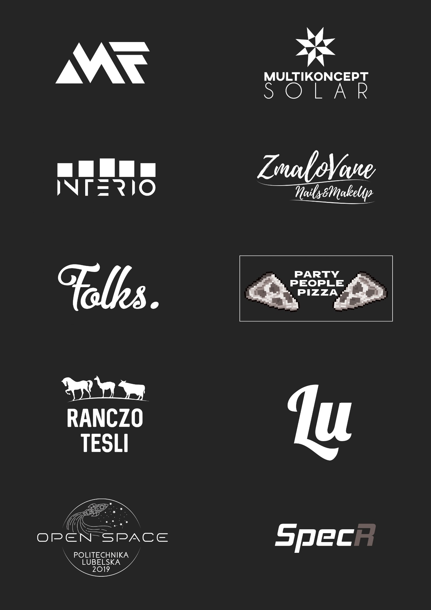 Kompilacja różnorodnych logo w kolorze białym na ciemnoszarym tle, prezentująca od minimalistycznych symboli geometrycznych po bardziej złożone ilustracje i typograficzne projekty dla różnych marek...