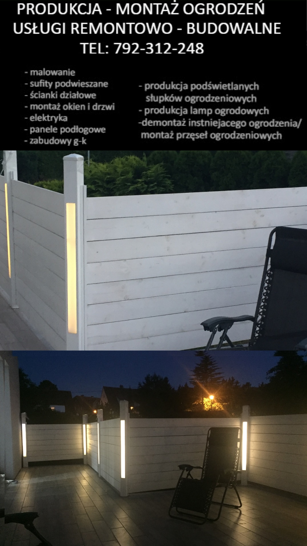 Białe, drewniane ogrodzenie z wbudowanym oświetleniem LED w słupkach, widziane z perspektywy tarasu z krzesłem ogrodowym, o zmierzchu.
