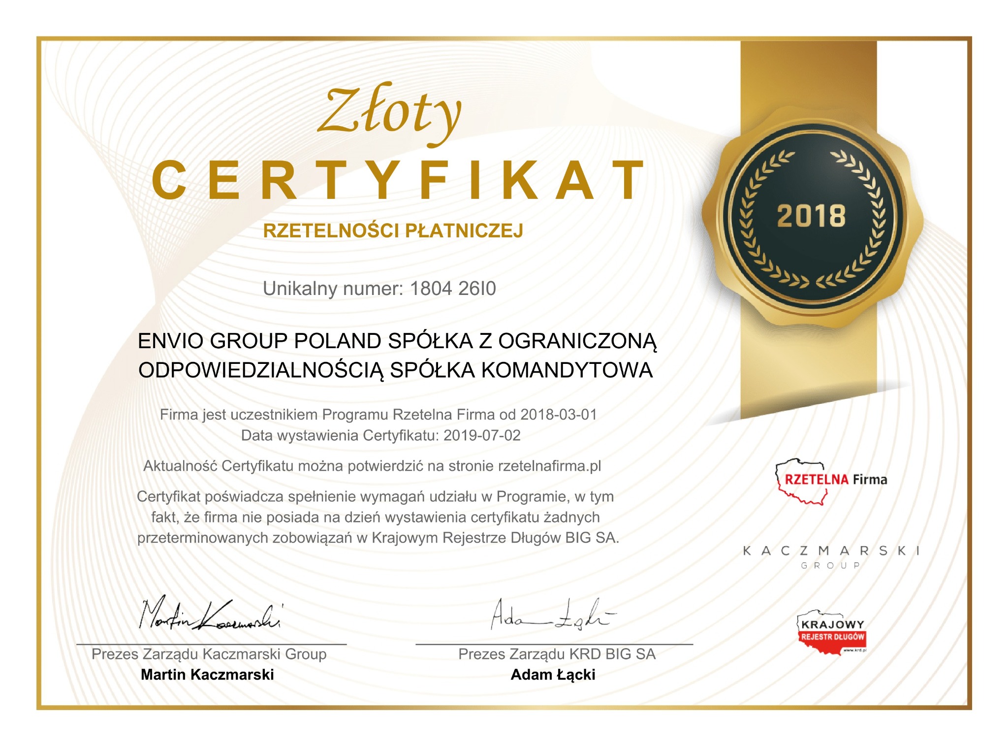 Złoty Certyfikat Rzetelności Płatniczej