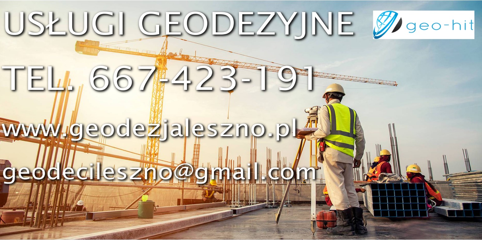 Pracownik w kasku i kamizelce odblaskowej obsługuje niwelator na budowie, w tle widoczny żuraw i konstrukcja budynku, z góry nałożone dane kontaktowe firmy.