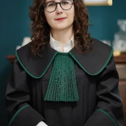 Portret kobiety w todze prawniczej z zielonym żabotem, splecione dłonie, okulary w czarnych oprawkach, brązowe kręcone włosy, turkusowe tło.