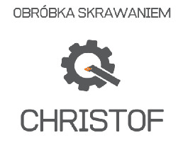 Grafika wektorowa przedstawiająca logo firmy: szara zębatka z centralnym otworem, przez który przechodzi narzędzie skrawające, poniżej napis CHRISTOF, u góry napis OBROBKA SKRAWANIEM, wszystko...