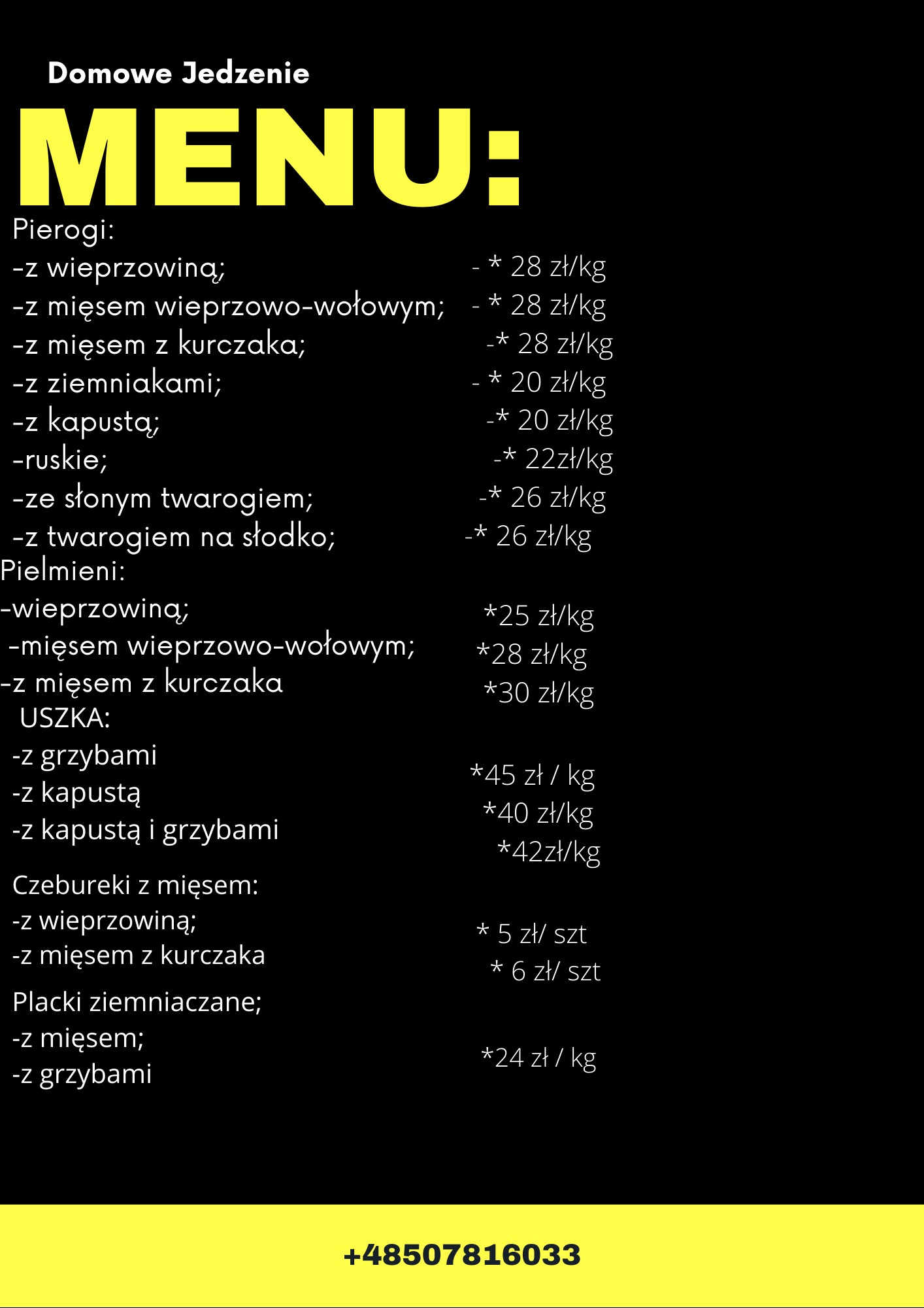 Żółto-czarne menu domowego jedzenia z listą pierogów, pielmieni, uszek, czebureków i placków ziemniaczanych z cenami za kilogram lub sztukę oraz numerem telefonu.