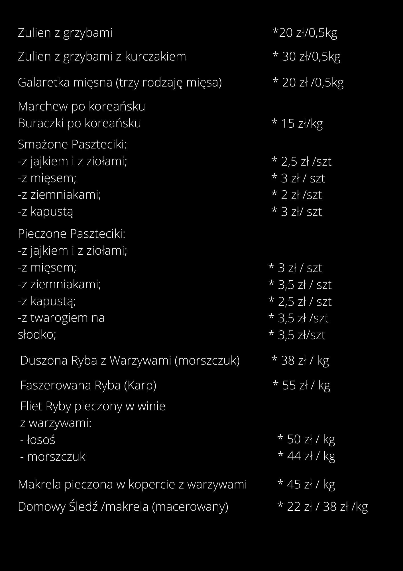 Czarno-biała lista dań z cenami, w tym zupy, galaretki mięsne, paszteciki, ryby duszone i pieczone oraz śledzie.
