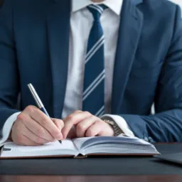 Mężczyzna w granatowym garniturze i krawacie w paski pisze piórem w otwartym notatniku na czarnym biurku, widoczny fragment laptopa i książki.