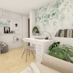 Wizualizacja pokoju do pracy z białym biurkiem, krzesłem i regałem na książki, z tapetą w liście i roślinami, oświetlonym lampką biurkową.