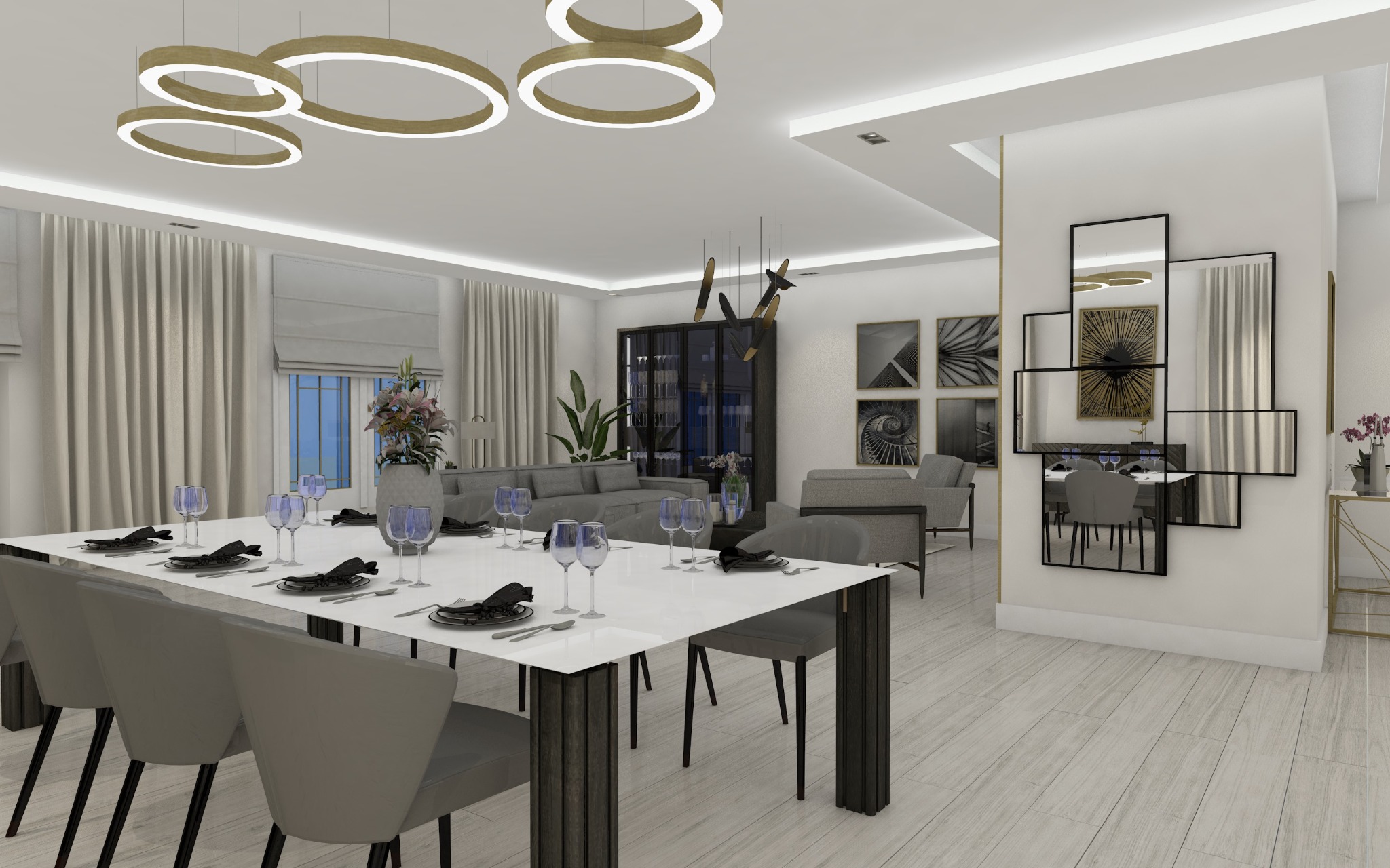 Elegancka jadalnia z białym stołem, szarymi krzesłami i zastawą w odcieniach szarości i błękitu, w tle salon z szarą sofą, całość dopełniona nowoczesnym oświetleniem i dekoracjami ściennymi.