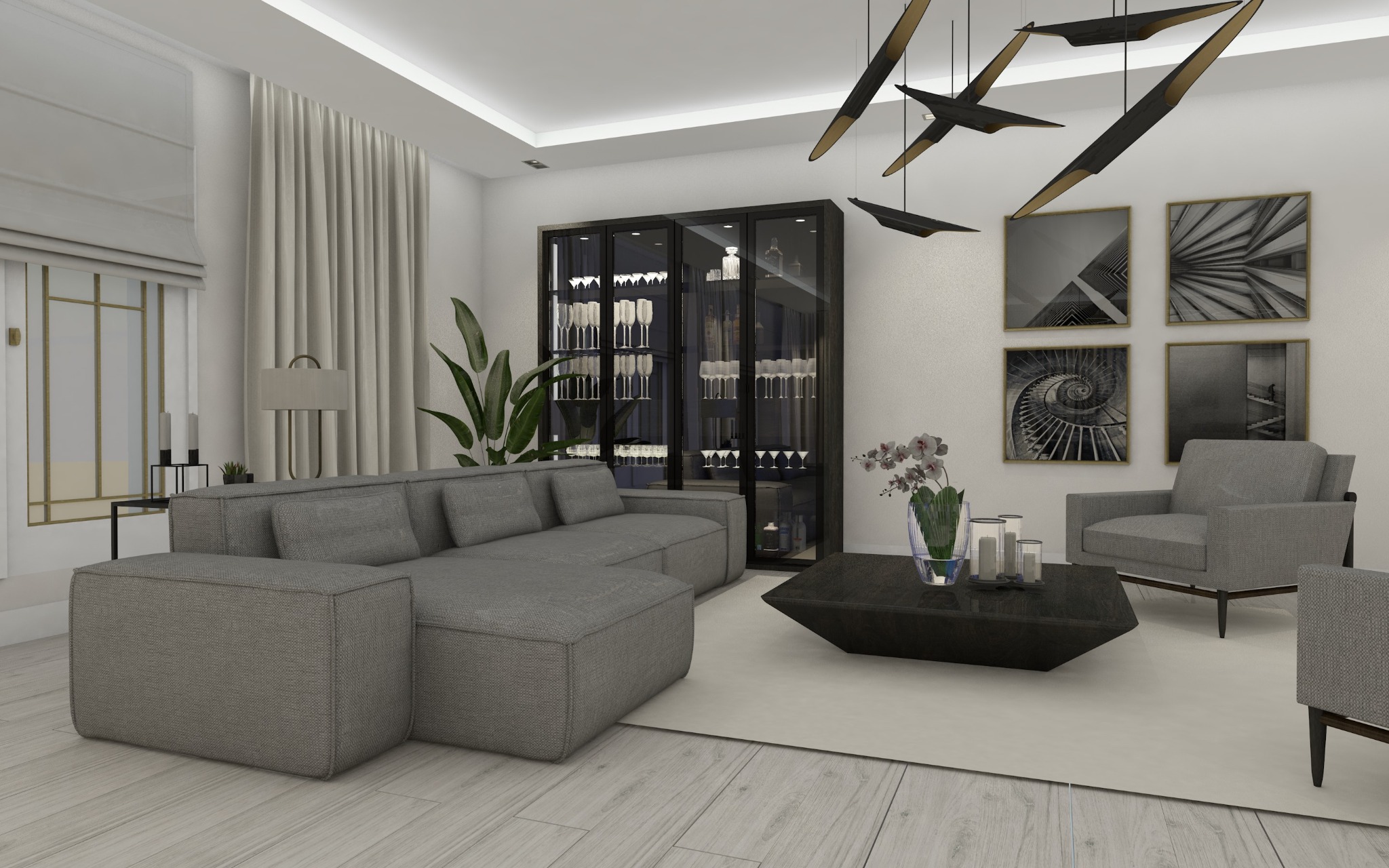 Neutralna kolorystyka salonu z szarą sofą modułową, szklaną witryną z kieliszkami, abstrakcyjnymi obrazami i nowoczesnym oświetleniem.