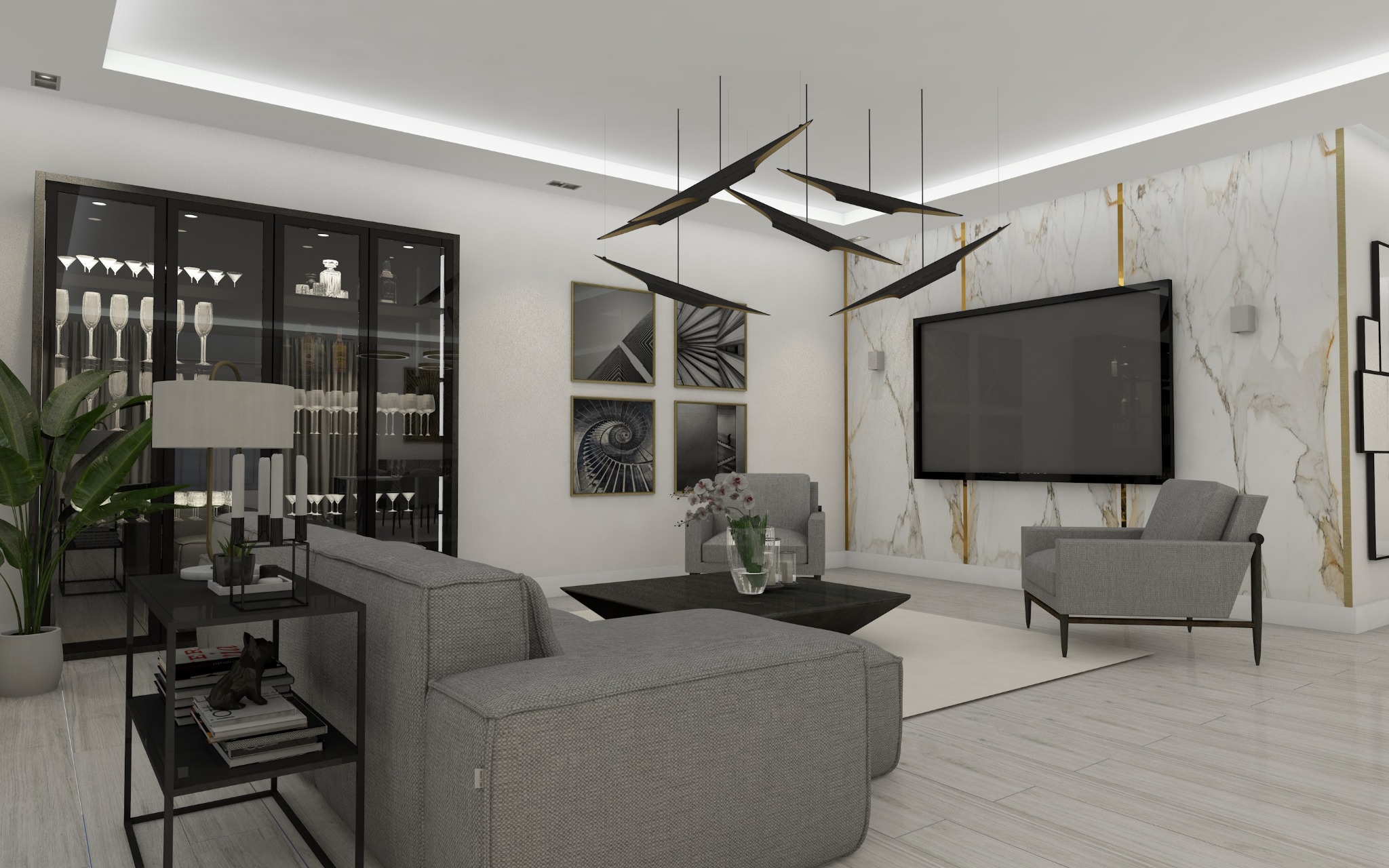 Nowoczesny salon z szarą sofą modułową, telewizorem na ścianie z marmurowym wzorem, przeszkloną witryną z oświetleniem, designerskimi lampami wiszącymi i czarno-białymi grafikami na ścianie.