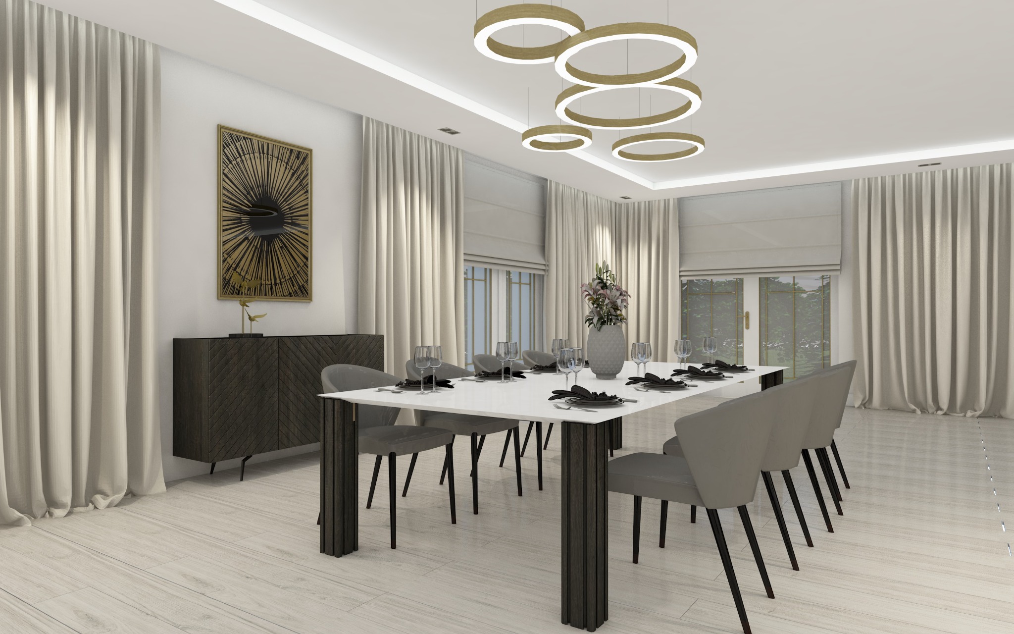 Jasna jadalnia z białym stołem, szarymi krzesłami, dekoracyjną komodą, złotą lampą pierścieniową i zasłonami w kolorze ecru.