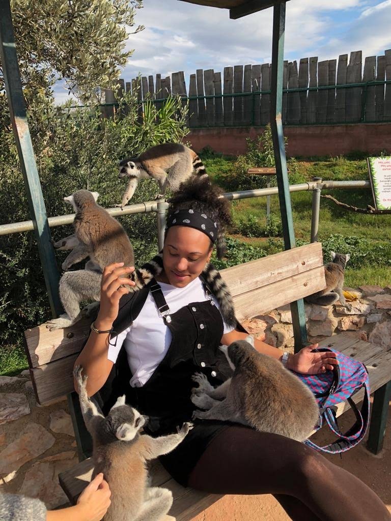Kobieta siedzi na ławce w parku, otoczona przez lemury, które wspinają się po niej i siedzą na jej ramionach i kolanach.