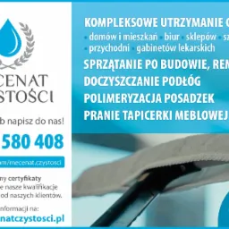 Reklama firmy sprzątającej Mecenat Czystości: kompleksowe utrzymanie czystości, sprzątanie po budowie, doczyszczanie podłóg, polimeryzacja posadzek, pranie tapicerki meblowej. W tle narzędzie...