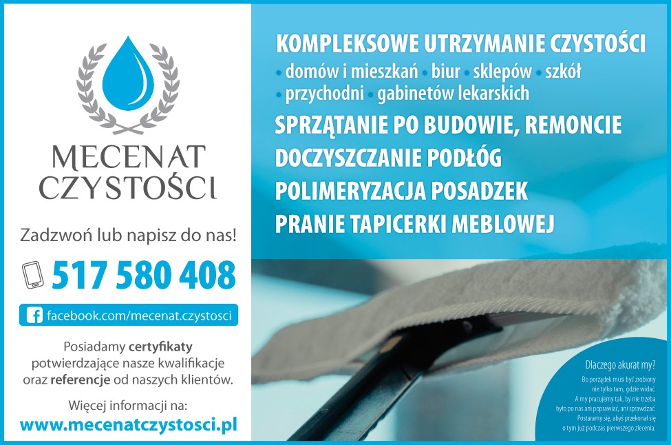 Reklama firmy sprzątającej Mecenat Czystości: kompleksowe utrzymanie czystości, sprzątanie po budowie, doczyszczanie podłóg, polimeryzacja posadzek, pranie tapicerki meblowej. W tle narzędzie...
