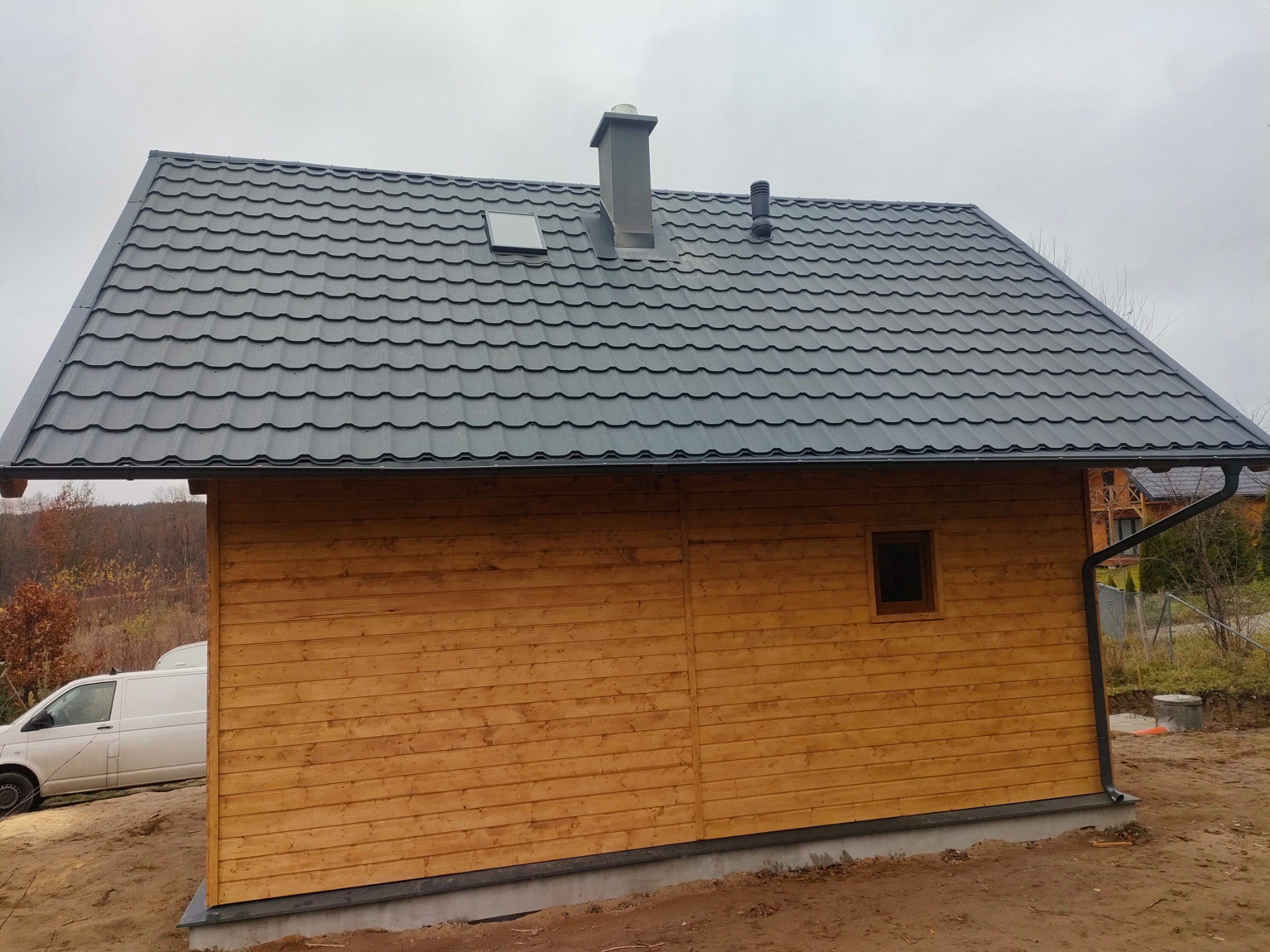 Drewniany dom z szarą blachodachówką, widoczny komin, rynna i okno, w tle zalesiony teren i biały samochód dostawczy.