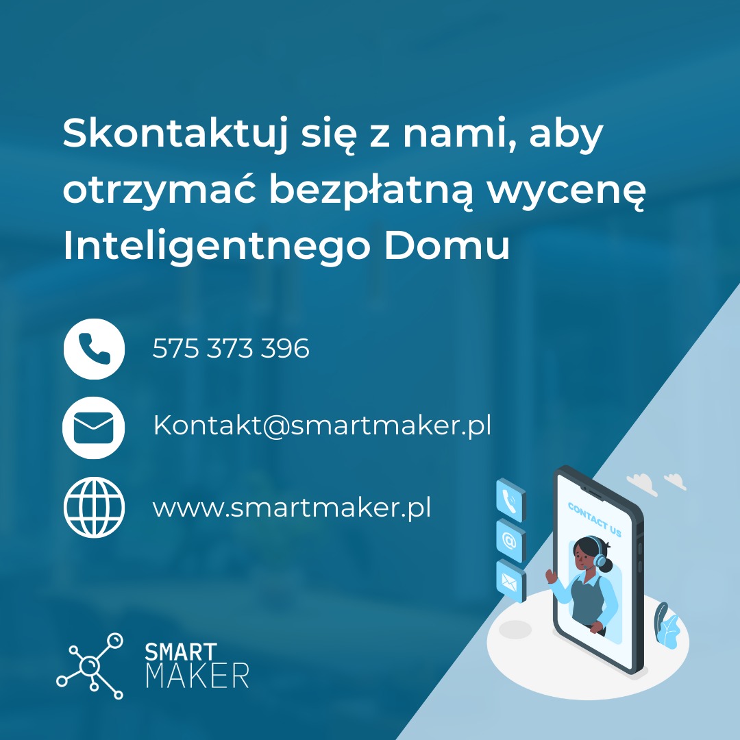 Grafika reklamowa firmy Smart Maker oferującej bezpłatną wycenę, z numerem telefonu, adresem e-mail i adresem strony internetowej oraz ilustracją konsultantki na smartfonie.