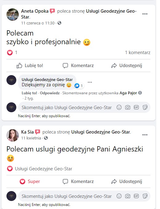 Zrzut ekranu z Facebooka przedstawiający dwie rekomendacje dla firmy Usługi Geodezyjne Geo-Star, z pozytywnymi opiniami i komentarzami użytkowników.