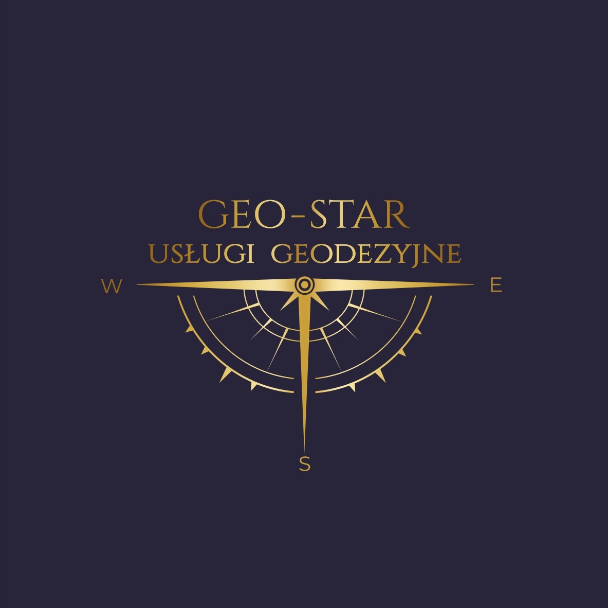 Złote logo firmy GEO-STAR Usługi Geodezyjne na granatowym tle, stylizowane na kompas.