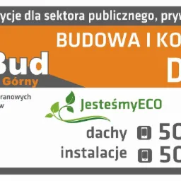 Reklama firmy Dach-Bud Górny oferującej budowę i konserwację dachów, remonty, blacharkę, krycie papą termozgrzewalną, docieplone wyłazy dachowe, pompy ciepła, fotowoltaikę i klimatyzację. Zawiera...