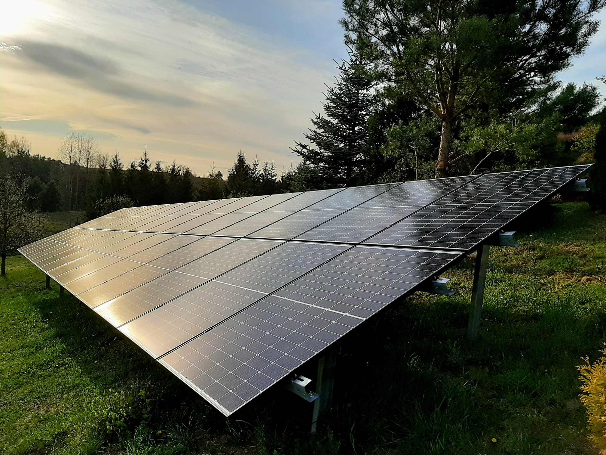 Instalacja paneli słonecznych na trawniku w ogrodzie, widoczne odbicie nieba na panelach, w tle drzewa iglaste i liściaste.