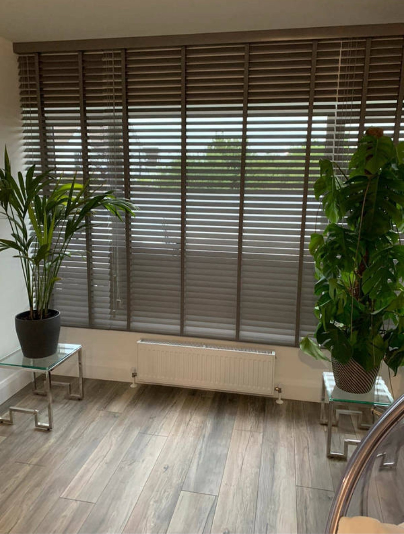 Drewniane żaluzje poziome w szarym odcieniu, zamontowane w oknie. W tle widok na zewnątrz, a w pomieszczeniu rośliny doniczkowe i grzejnik.