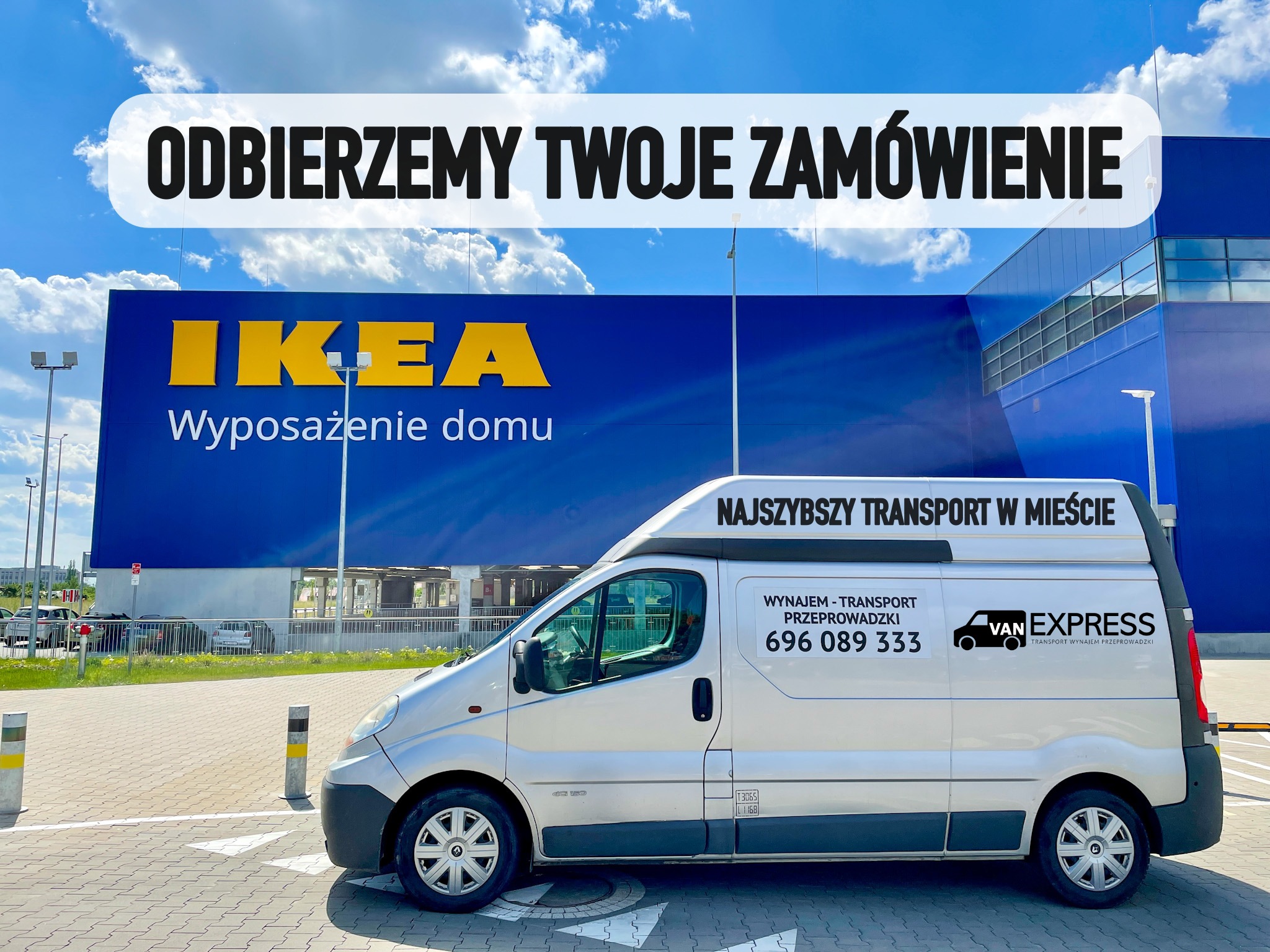 Srebrny bus z napisem 'NAJSZYBSZY TRANSPORT W MIEŚCIE' i numerem telefonu na tle sklepu IKEA z hasłem 'ODBIERZEMY TWOJE ZAMÓWIENIE' na parkingu.