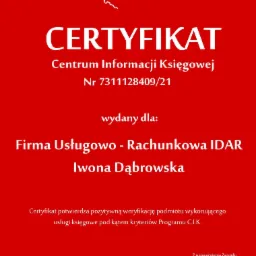Certyfikat Centrum Informacji Księgowej dla Firmy Usługowo-Rachunkowej IDAR Iwona Dąbrowska, potwierdzający pozytywną weryfikację usług księgowych, wydany 25.06.2021.
