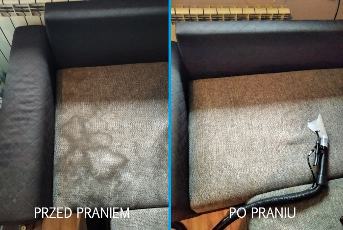 Porównanie stanu sofy przed i po czyszczeniu tapicerki, widoczne plamy usunięte, na prawej połowie kadru dysza ssąca odkurzacza piorącego.