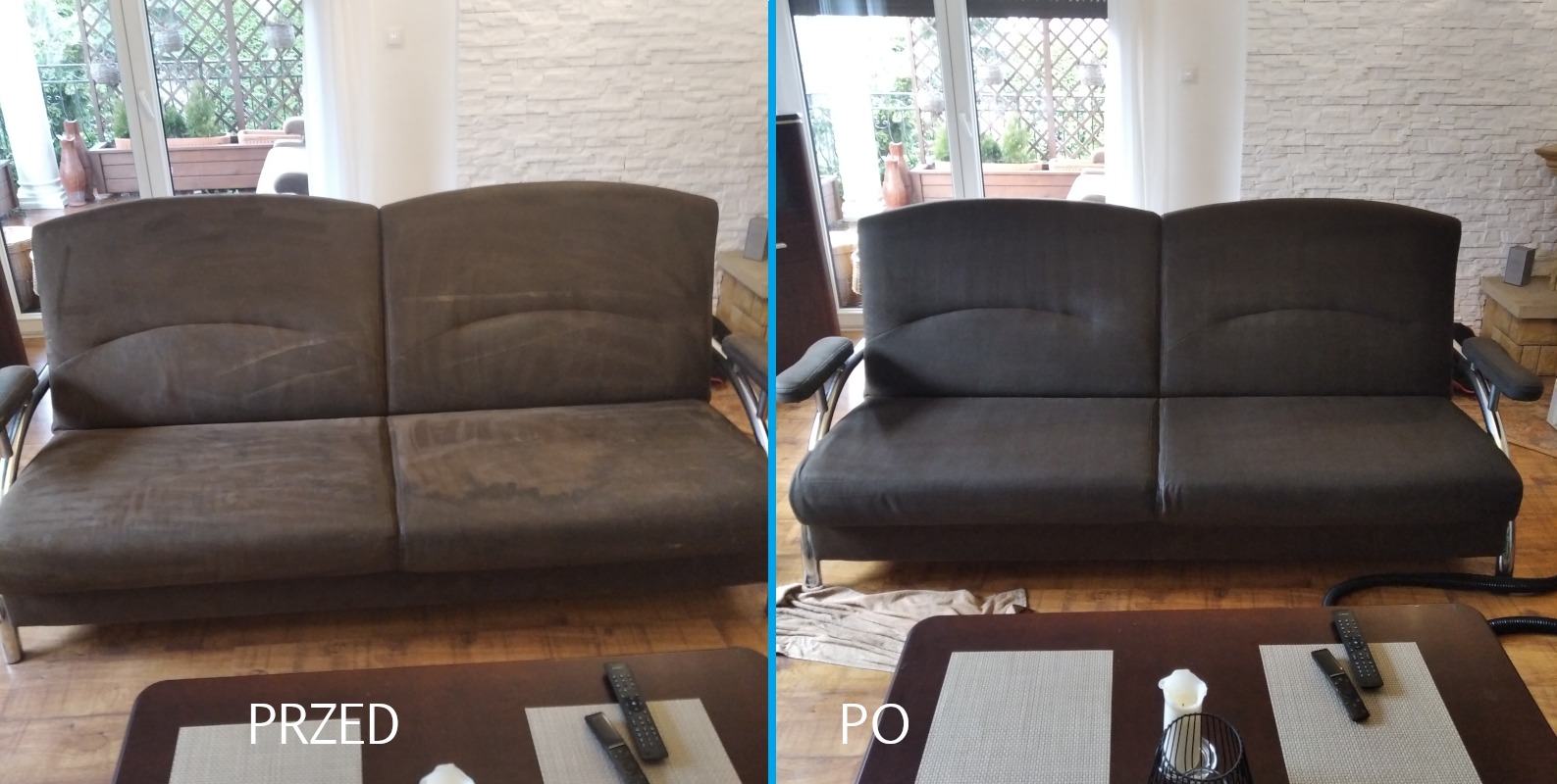 Zdjęcie porównawcze: brązowa kanapa przed i po czyszczeniu, widoczne różnice w odświeżeniu tapicerki, z lewej strony kanapa z widocznymi plamami, z prawej strony kanapa po zabiegu, na stoliku...