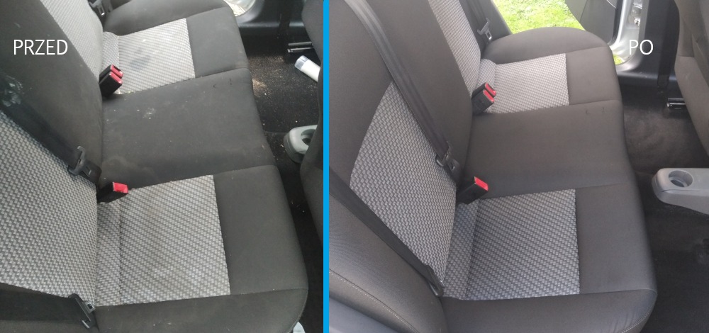 Porównanie tylnej kanapy samochodowej przed i po czyszczeniu, widoczne różnice w czystości tapicerki i usunięte zabrudzenia z podłogi.