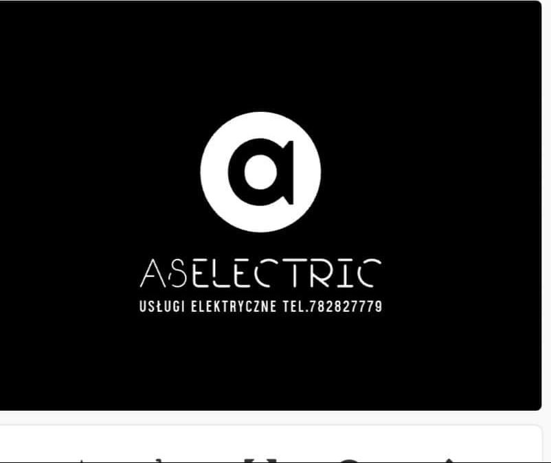 Logo firmy ASELECTRIC z białą literą 'a' w okręgu na czarnym tle, pod spodem nazwa firmy i informacja o usługach elektrycznych oraz numer telefonu.