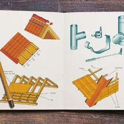 Szkicownik otwarty na drewnianym stole prezentujący rysunki techniczne dachu z dachówką, rynien i elementów montażowych, obok leży ołówek.
