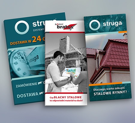 Trzy ulotki reklamowe firmy dekarskiej z różnymi motywami: szybka dostawa, doradztwo techniczne na budowie oraz zalety stalowych rynien.